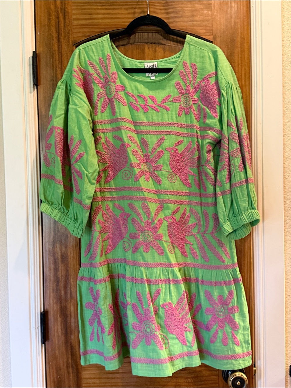 Green & Pink Embroidered Midi Dress